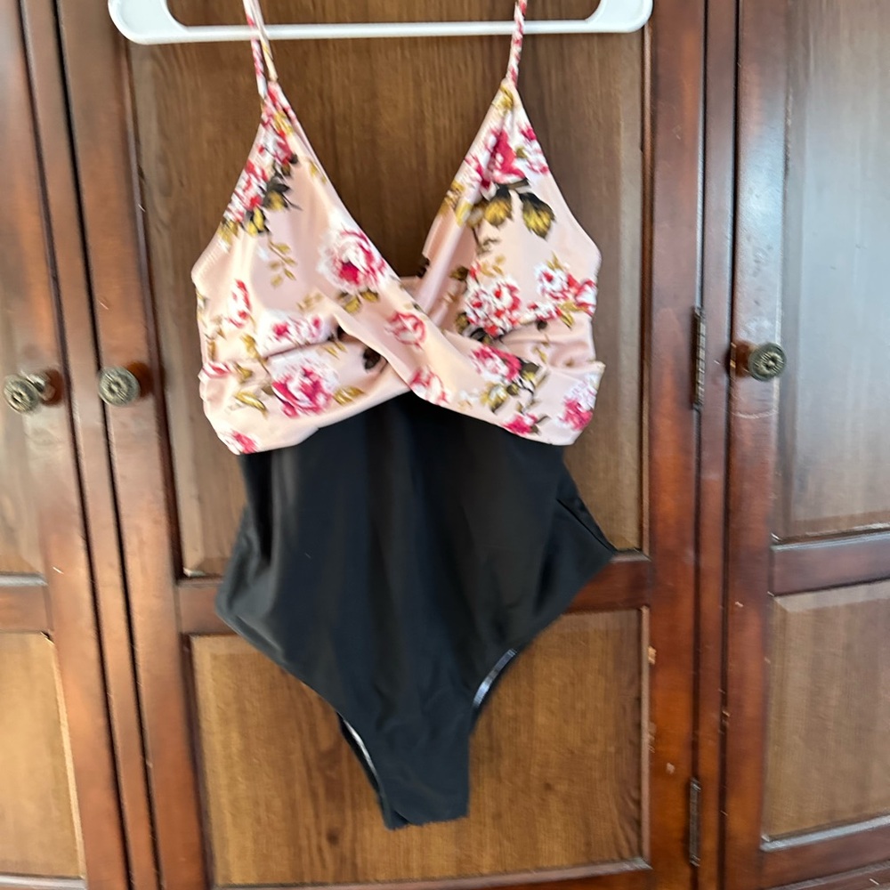 Cupshe Pink and Black Floral One Piece Swimsuit with Wrap Front